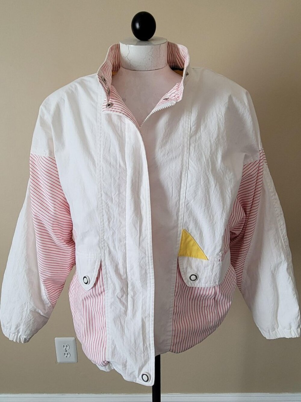 Vintage 80s 90s Andy Johns Padded Winter Bomber Jacket // Retro White Red Stripe